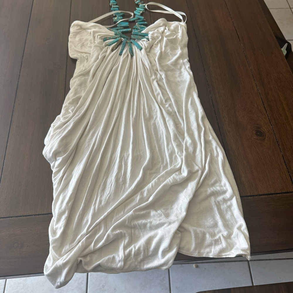 Elegant White Dress with Turquoise Accents